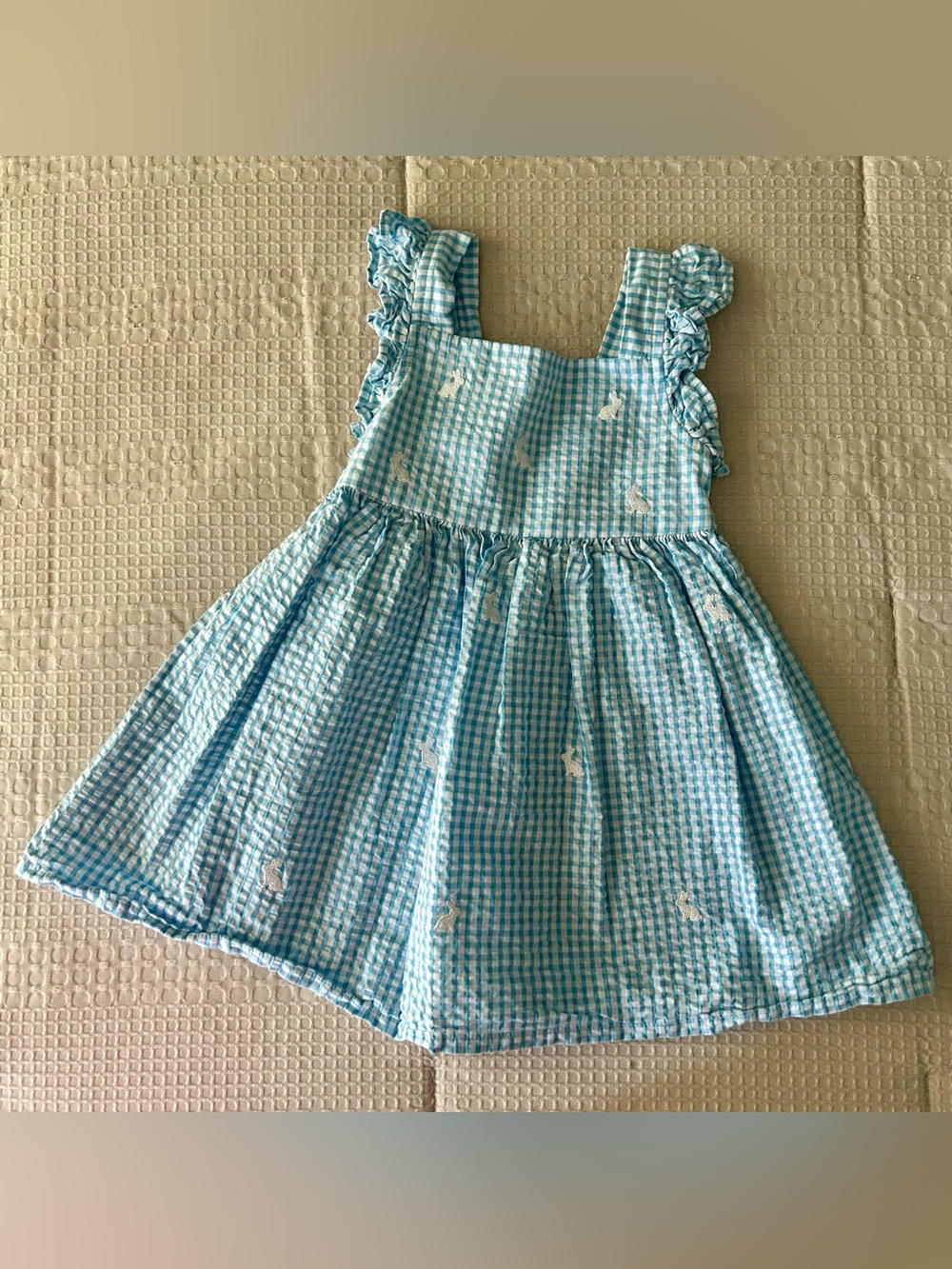 Blue Gingham Ruffle Strap Kids Dress with Bunnies